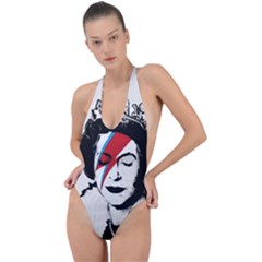 Banksy Graffiti Uk England God Save The Queen Elisabeth With David Bowie Rockband Face Makeup Ziggy Stardust Backless Halter One Piece Swimsuit by snek
