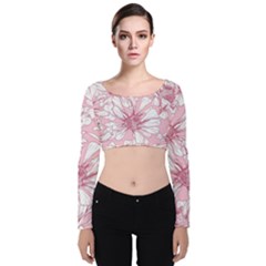 Pink Flowers Velvet Long Sleeve Crop Top by Sobalvarro