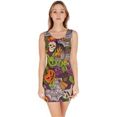 Halloween Doodle Vector Seamless Pattern Bodycon Dress by Sobalvarro