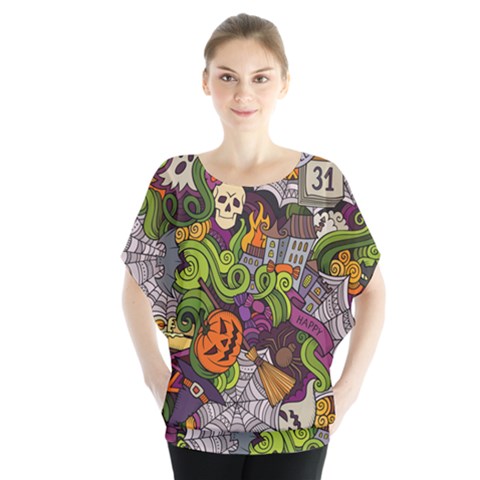 Halloween Doodle Vector Seamless Pattern Batwing Chiffon Blouse by Sobalvarro