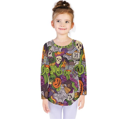 Halloween Doodle Vector Seamless Pattern Kids  Long Sleeve Tee by Sobalvarro