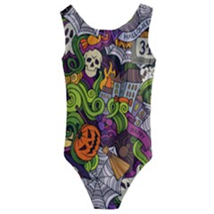 Halloween Doodle Vector Seamless Pattern Kids  Cut-out Back One Piece Swimsuit by Sobalvarro