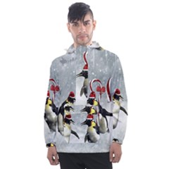 Funny Penguin In A Winter Landscape Men s Front Pocket Pullover Windbreaker by FantasyWorld7