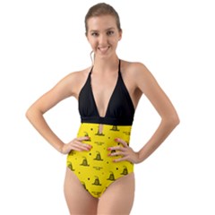 Gadsden Flag Don t Tread On Me Yellow And Black Pattern With American Stars Halter Cut-out One Piece Swimsuit by snek