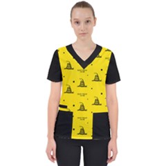 Gadsden Flag Don t Tread On Me Yellow And Black Pattern With American Stars Women s V-neck Scrub Top by snek