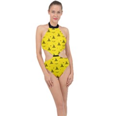 Gadsden Flag Don t Tread On Me Yellow And Black Pattern With American Stars Halter Side Cut Swimsuit by snek