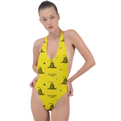 Gadsden Flag Don t Tread On Me Yellow And Black Pattern With American Stars Backless Halter One Piece Swimsuit by snek