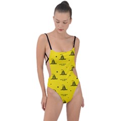 Gadsden Flag Don t Tread On Me Yellow And Black Pattern With American Stars Tie Strap One Piece Swimsuit by snek