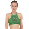 Pepe The Frog Smug face with smile and hand on chin meme Kekistan all over print green Racer Front Bikini Top View1