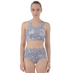 Silver And White Glitters Metallic Finish Party Texture Background Imitation Racer Back Bikini Set by genx