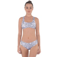 Silver And White Glitters Metallic Finish Party Texture Background Imitation Criss Cross Bikini Set by genx