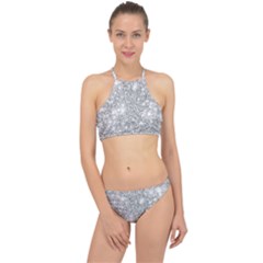 Silver And White Glitters Metallic Finish Party Texture Background Imitation Racer Front Bikini Set by genx