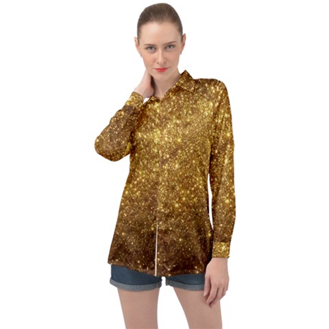 Gold Glitters Metallic Finish Party Texture Background Faux Shine Pattern Long Sleeve Satin Shirt by genx