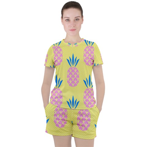 Summer Pineapple Seamless Pattern Women s Tee And Shorts Set by Sobalvarro