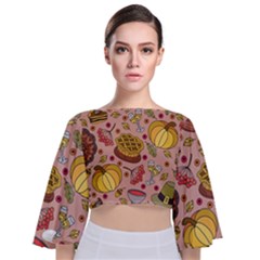 Thanksgiving Pattern Tie Back Butterfly Sleeve Chiffon Top by Sobalvarro