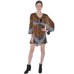 Aboriginal Traditional Pattern V-neck Flare Sleeve Mini Dress by Sapixe