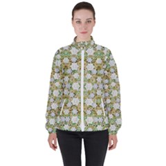 Snowflakes Slightly Snowing Down On The Flowers On Earth Women s High Neck Windbreaker by pepitasart