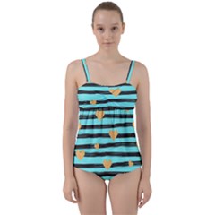 Stripes Heart Pattern Twist Front Tankini Set by designsbymallika