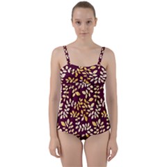 Golden Leaf Pattern Twist Front Tankini Set by designsbymallika