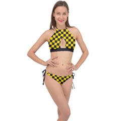Checkerboard Pattern Black And Yellow Ancap Libertarian Cross Front Halter Bikini Set by snek
