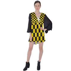 Checkerboard Pattern Black And Yellow Ancap Libertarian V-neck Flare Sleeve Mini Dress by snek