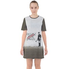 Banksy Graffiti Original Quote Follow Your Dreams Cancelled Cynical With Painter Sixties Short Sleeve Mini Dress by snek