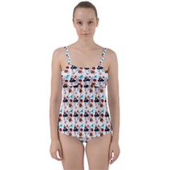 Retro Girls Dress In Black Pattern White Twist Front Tankini Set