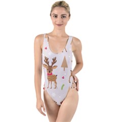 Christmas Seamless Pattern With Reindeer High Leg Strappy Swimsuit by Vaneshart