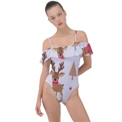 Christmas Seamless Pattern With Reindeer Frill Detail One Piece Swimsuit by Vaneshart