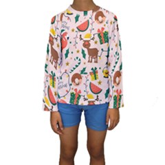 Colorful Funny Christmas Pattern Merry Xmas Kids  Long Sleeve Swimwear