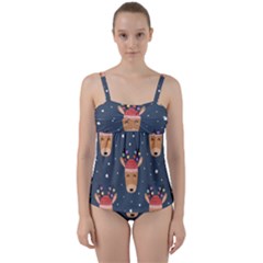 Cute Deer Heads Seamless Pattern Christmas Twist Front Tankini Set by Vaneshart