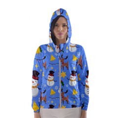 Funny Christmas Pattern With Snowman Reindeer Women s Hooded Windbreaker