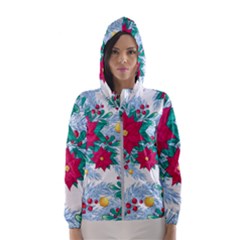 Seamless Winter Pattern With Poinsettia Red Berries Christmas Tree Branches Golden Balls Women s Hooded Windbreaker