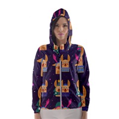 Funny Christmas Pattern With Reindeers Women s Hooded Windbreaker