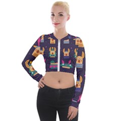 Funny Christmas Pattern With Reindeers Long Sleeve Cropped Velvet Jacket