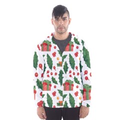 Christmas Seamless Pattern With Holly Red Gift Box Men s Hooded Windbreaker