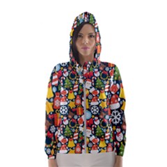 Colorful Pattern With Decorative Christmas Elements Women s Hooded Windbreaker
