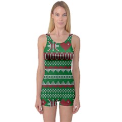 Knitted Christmas Pattern Green Red One Piece Boyleg Swimsuit by Vaneshart