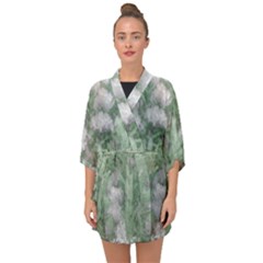 Green And White Textured Botanical Motif Manipulated Photo Half Sleeve Chiffon Kimono by dflcprintsclothing