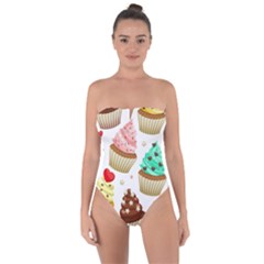 Seamless Pattern Yummy Colored Cupcakes Tie Back One Piece Swimsuit by Wegoenart