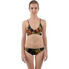 Fashionable Seamless Tropical Pattern With Bright Green Blue Plants Leaves Wrap Around Bikini Set by Wegoenart