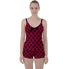 Polka Dots Black On Carmine Red Tie Front Two Piece Tankini by FashionBoulevard
