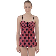 Polka Dots Black On Indian Red Babydoll Tankini Set by FashionBoulevard