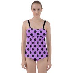 Polka Dots Black On Lavender Purple Twist Front Tankini Set by FashionBoulevard