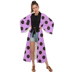 Polka Dots Black On Lavender Purple Maxi Kimono by FashionBoulevard