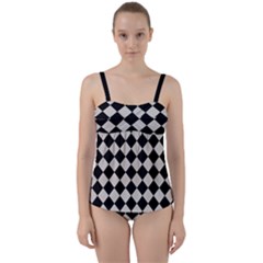 Block Fiesta Black And Abalone Grey Twist Front Tankini Set by FashionBoulevard