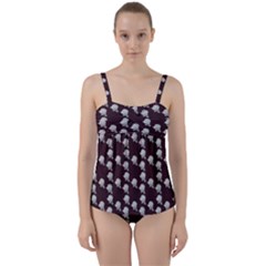 White Rose In Maroon Twist Front Tankini Set