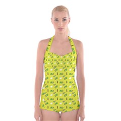 Green Elephant Pattern Yellow Boyleg Halter Swimsuit  by snowwhitegirl