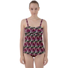 Doily Rose Pattern Red Twist Front Tankini Set