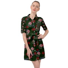 Dark Floral Butterfly Green Belted Shirt Dress